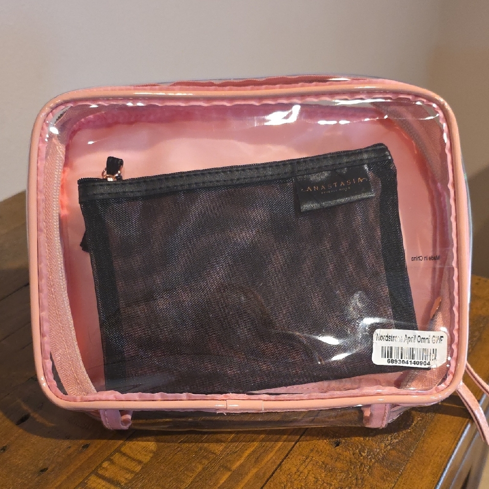 Anastasia Beverly Hills Pink Clear Cosmetic Bag with Black Mesh Pouch
